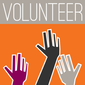 Volunteer hands up to participate image of stylized hands raised with word VOLUNTEER across the top