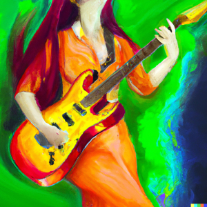 AI Generated image of a goddess playing electric guitar