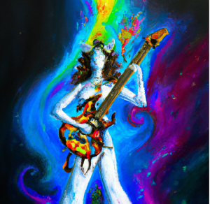 Generated by DALL-E AI Image Generator AI Generated image of a goddess playing electric guitar