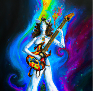 AI Generated image of a goddess playing electric guitar