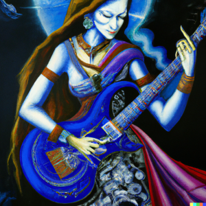 Generated by DALL-E AI Image Generator AI Generated image of a goddess playing electric guitar