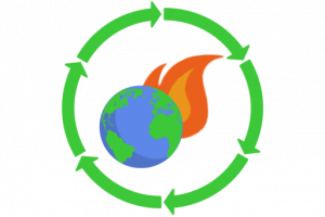 Tommaso.sansone91, CC0, via Wikimedia Commons Drawing of planet earth, flame, and green recycling arrows