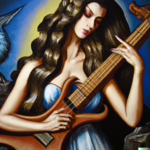 AI Generated image of a goddess playing electric guitar