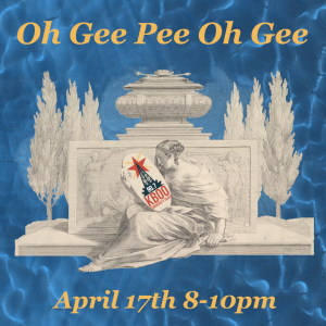 Upon a blue shifted Martian background floats a blockprint of Queen Anne staring raptly at a picture of a radio tower topped by a red star and footed with the letters KBOO beneath. Occupying the top of the total image are the words "Oh Gee Pee Oh Gee"