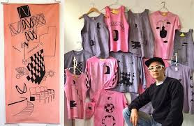 Leif J Lee in front of handmade garments