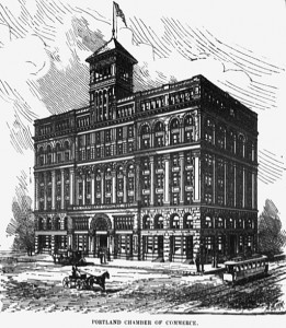 An artist-conception engraving of the Portland Chamber of Commerce from the pages of West Shore. The building was constructed in 1892 and demolished in 1934. The site at SW Stark between Third and Fourth is preserved as a parking lot.