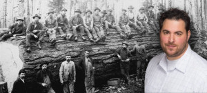 steve beda in color, timber workers in black & white background