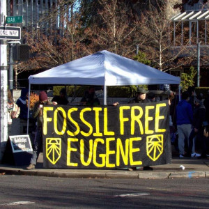 A banner reading "Fossil Free Eugene"