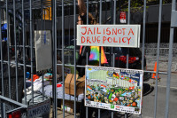 Drug policy reform protest outside UN headquarters, NYC, April 2016