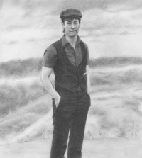 Sketch of a white trans masculine person in a cap with whispy hair.