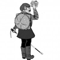 Cartoon of Sabine Rear, a smiling white woman with a sensing cane, handful of zines, and hamburger backpack.