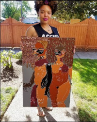 Artist Sade Beasley holding one of her original art pieces